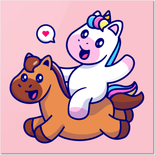Cute Unicorn Riding Horse Cartoon Posters and Art